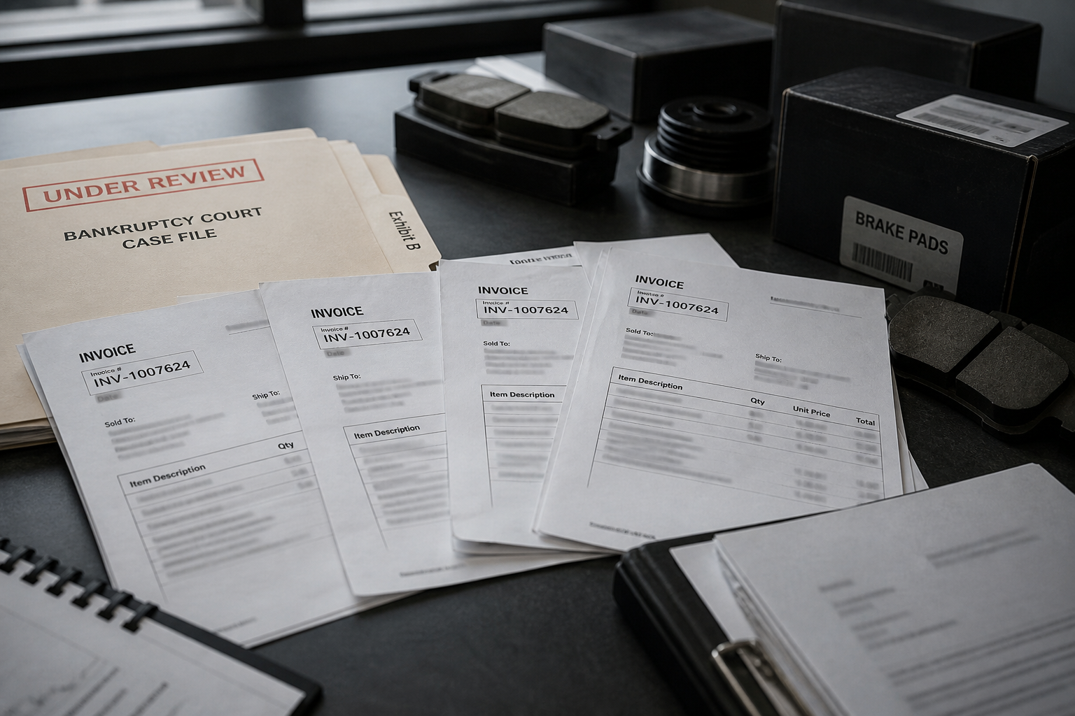 Repeated copies of one invoice laid beside boxed automotive parts in a bankruptcy review
